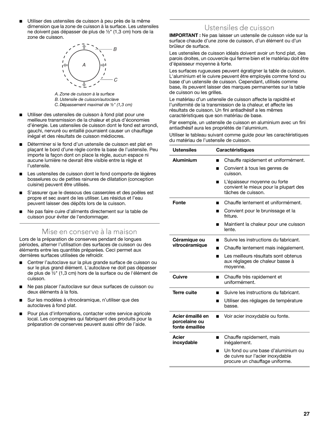 KitchenAid KECC607BSS manual Mise en conserve à la maison, Ustensiles de cuisson 