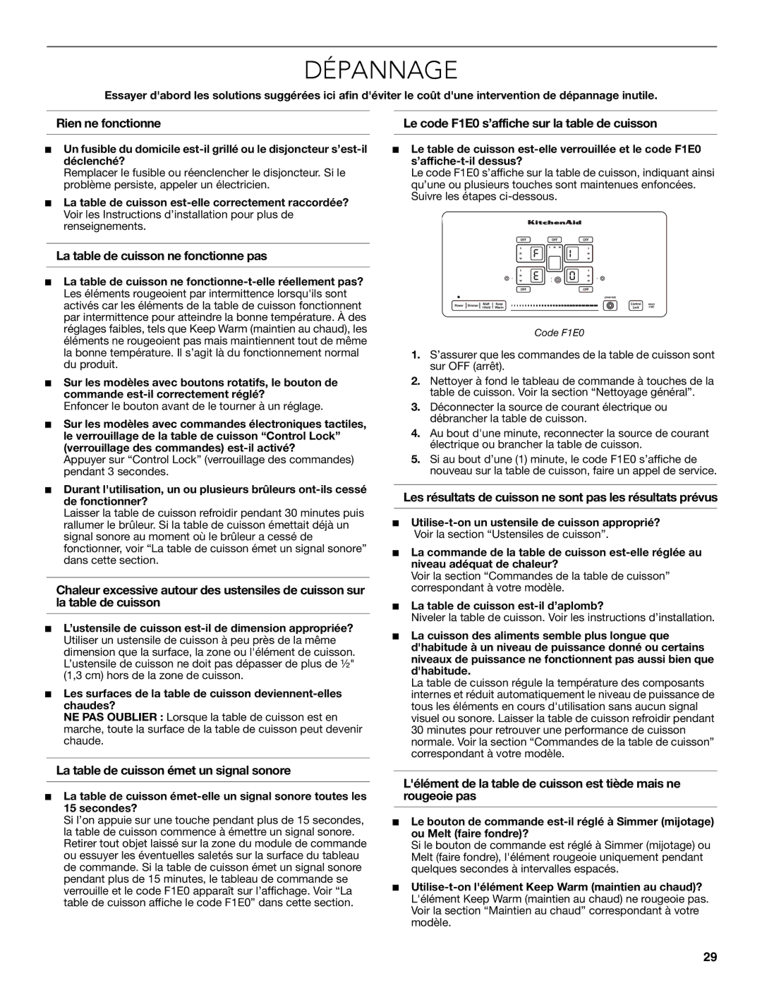 KitchenAid KECC607BSS manual Dépannage, La table de cuisson ne fonctionne pas, La table de cuisson émet un signal sonore 