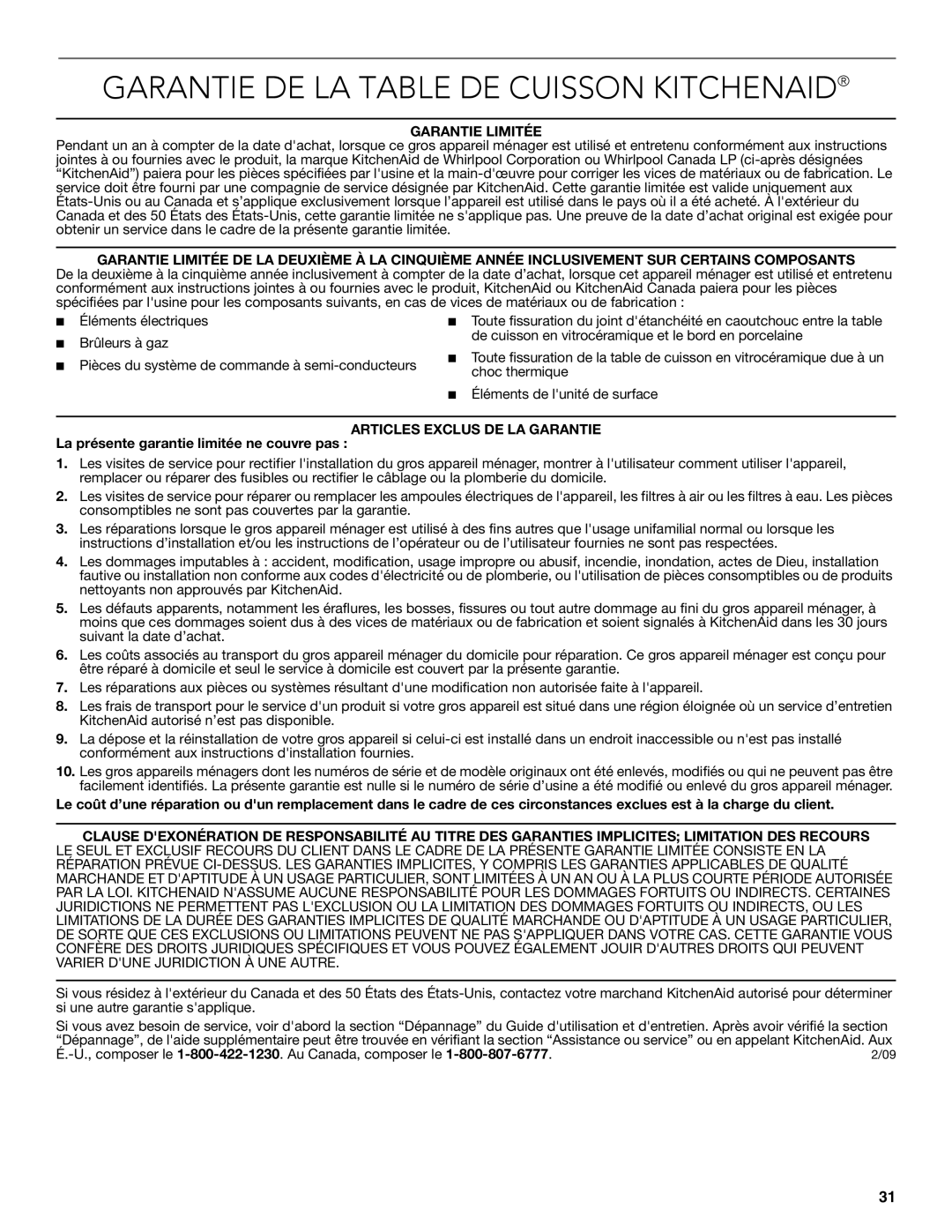 KitchenAid KECC607BSS manual Garantie DE LA Table DE Cuisson Kitchenaid, La présente garantie limitée ne couvre pas 