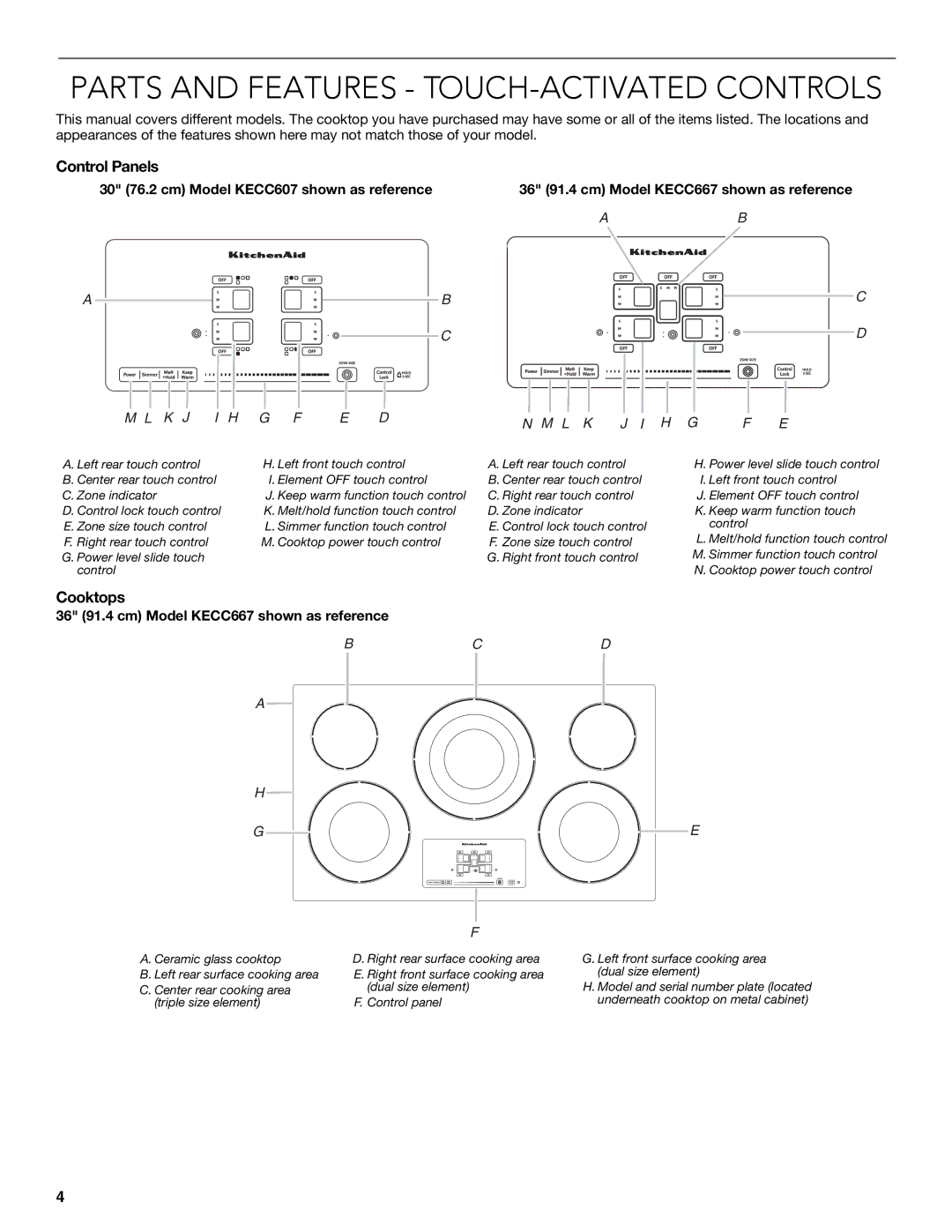 KitchenAid KECC607BSS manual Parts and Features TOUCH-ACTIVATED Controls, Control Panels, Cooktops 