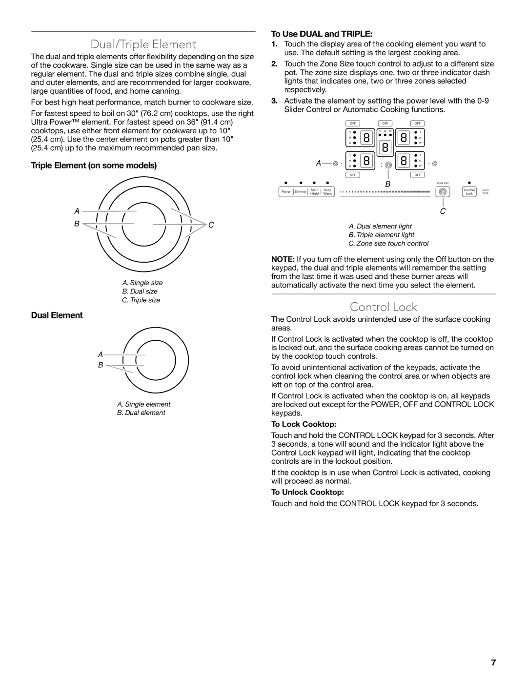 KitchenAid KECC607BSS manual Dual/Triple Element, Control Lock, Triple Element on some models, Dual Element 