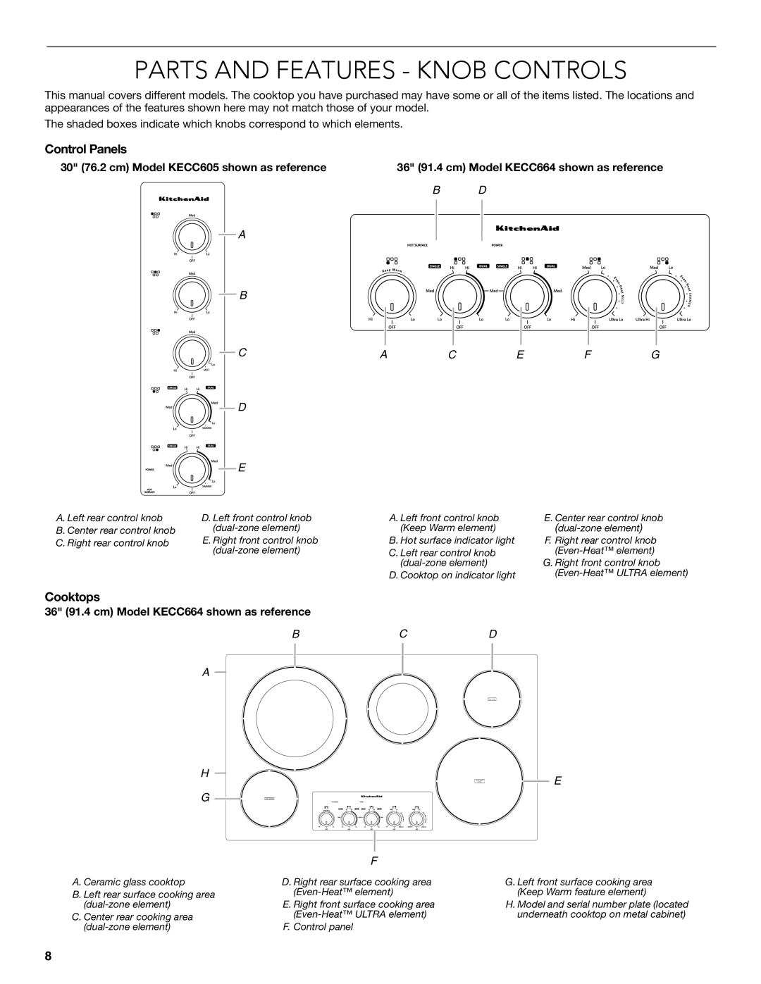 KitchenAid KECC607BSS manual Parts and Features Knob Controls, 30 76.2 cm Model KECC605 shown as reference 