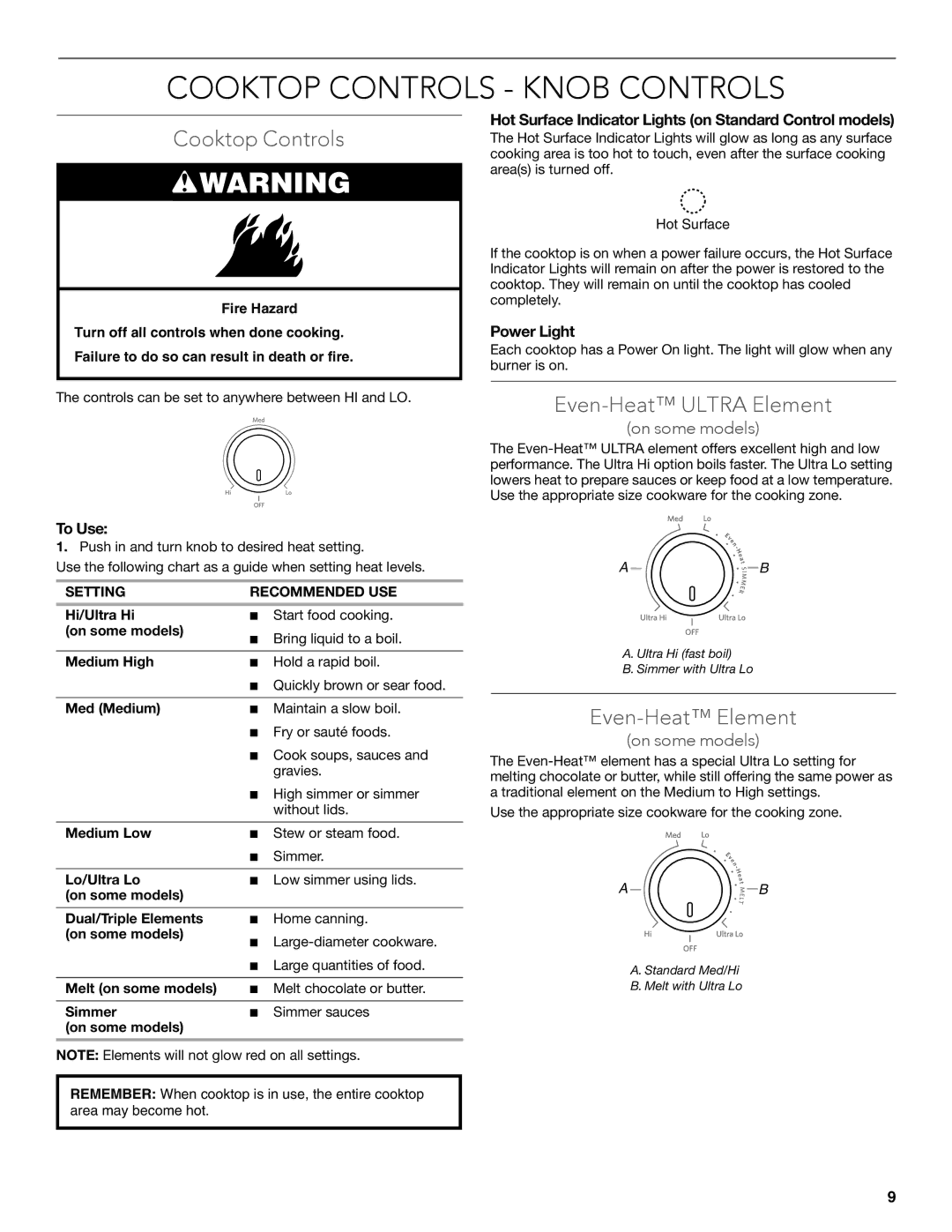 KitchenAid KECC607BSS manual Cooktop Controls Knob Controls, Even-Heat Ultra Element, Even-Heat Element, Power Light 