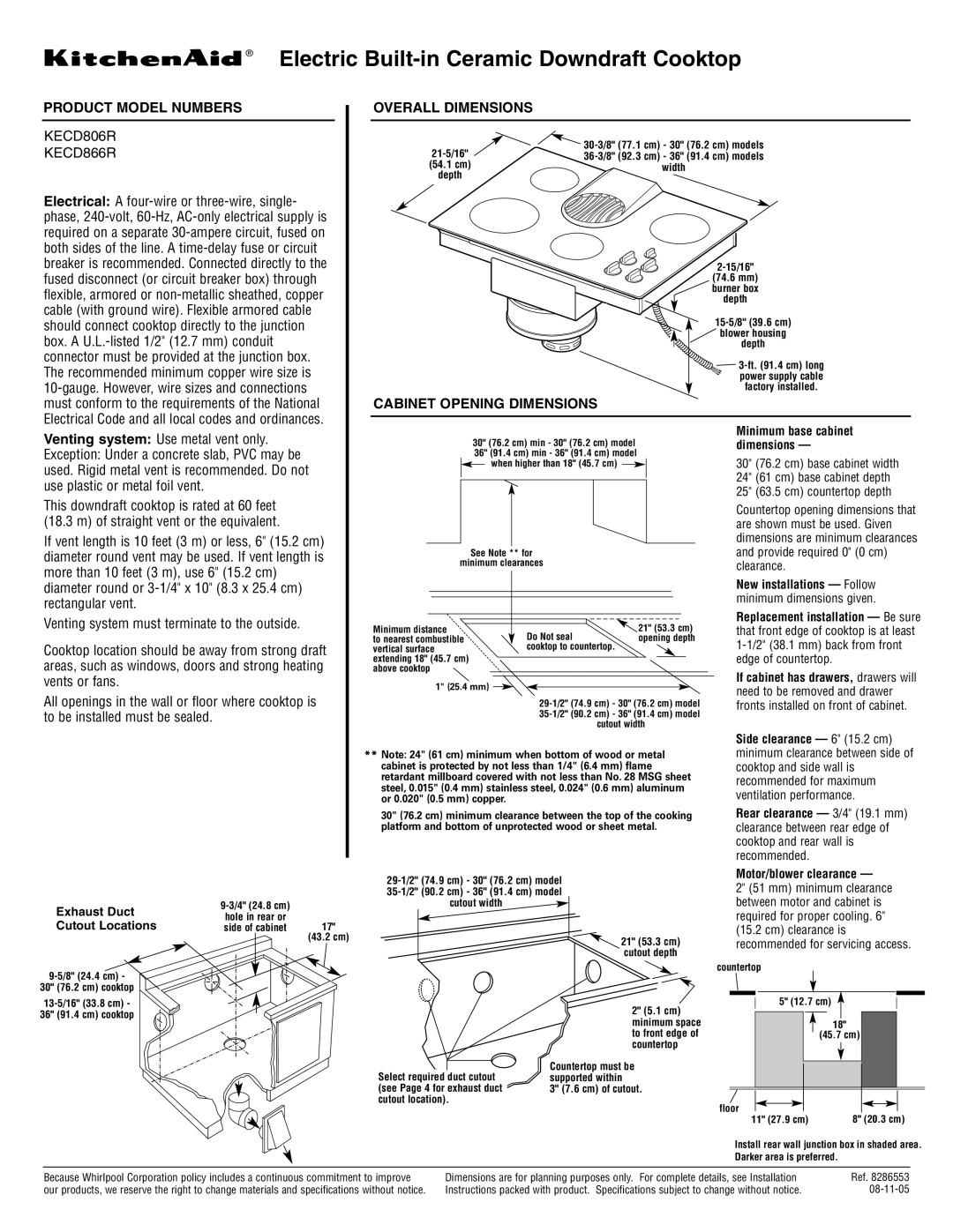 KitchenAid specifications Electric Built-in Ceramic Downdraft Cooktop, Product Model Numbers, KECD806R KECD866R 