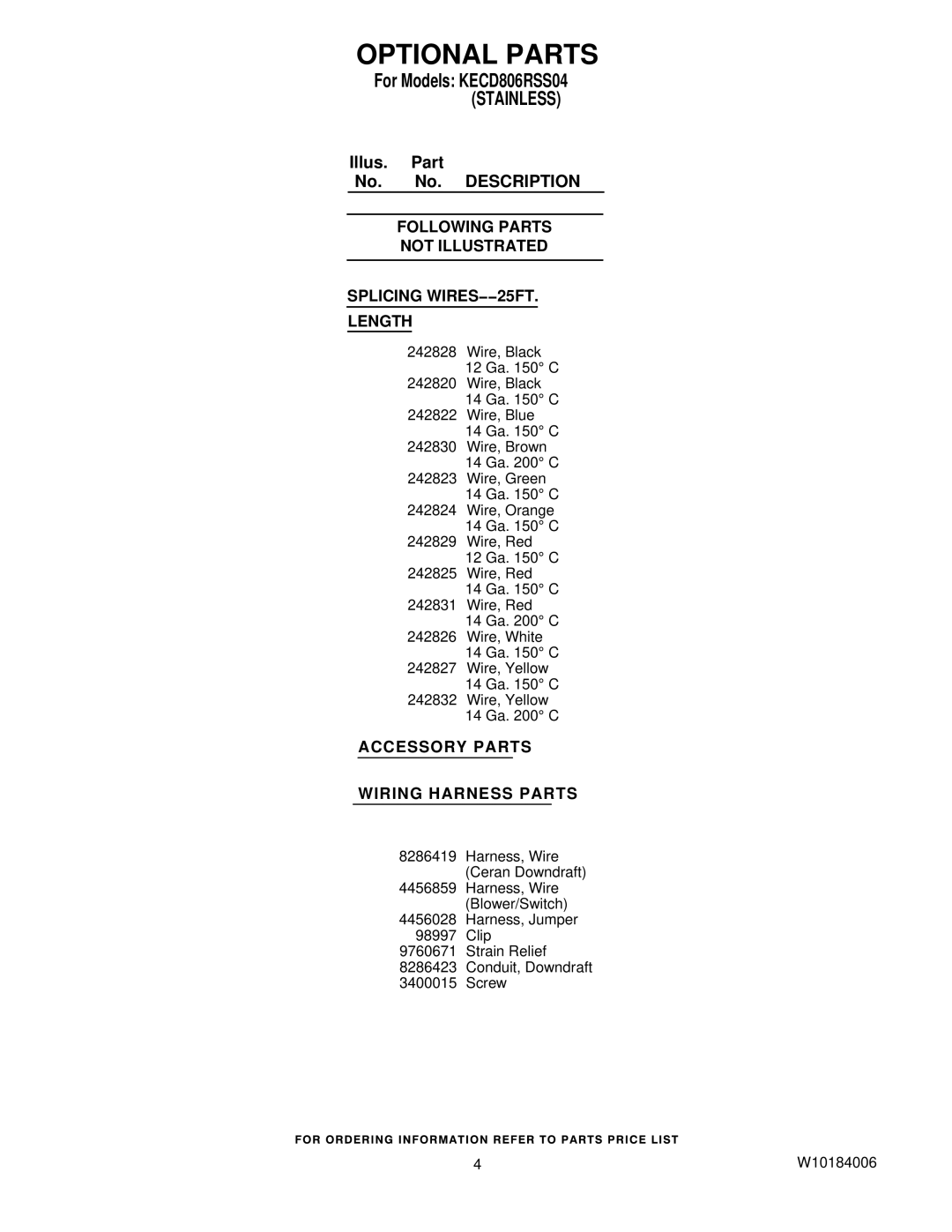 KitchenAid KECD806RSS04 manual Optional Parts, Following Parts Not Illustrated Splicing WIRES−−25FT Length 