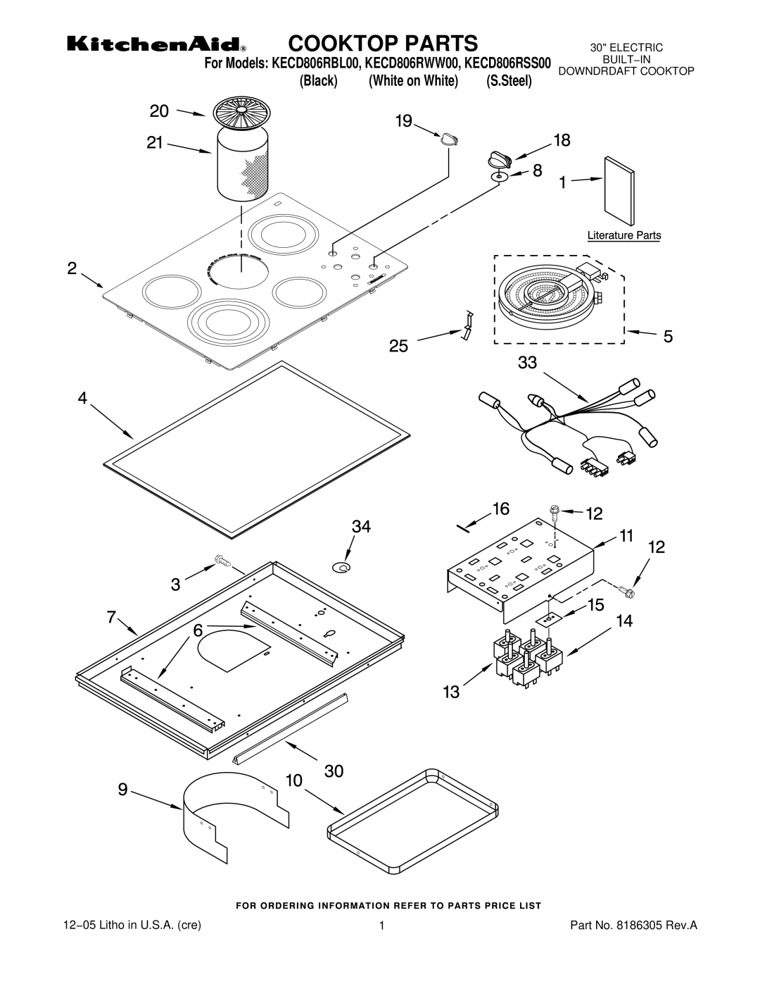 KitchenAid KECD806RBL00, KECD806RWW00, KECD806RSS00 manual Cooktop Parts 