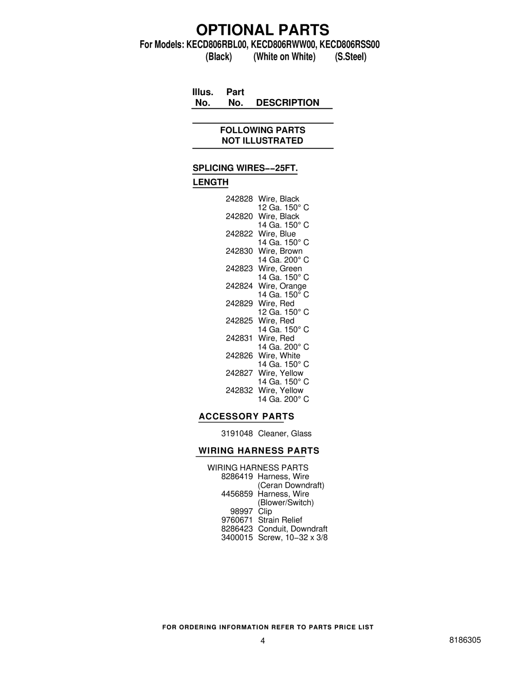 KitchenAid KECD806RBL00, KECD806RWW00, KECD806RSS00 manual Optional Parts, Accessory Parts, Wiring Harness Parts 