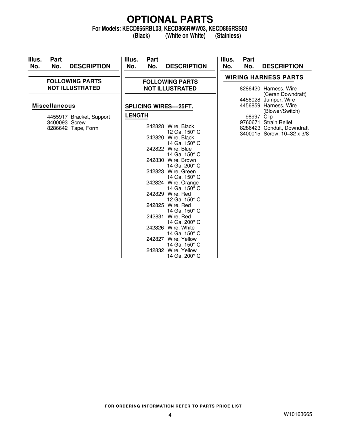 KitchenAid KECD866RWW03, KECD866RBL03 manual Optional Parts, Following Parts Not Illustrated Splicing WIRES−−25FT Length 