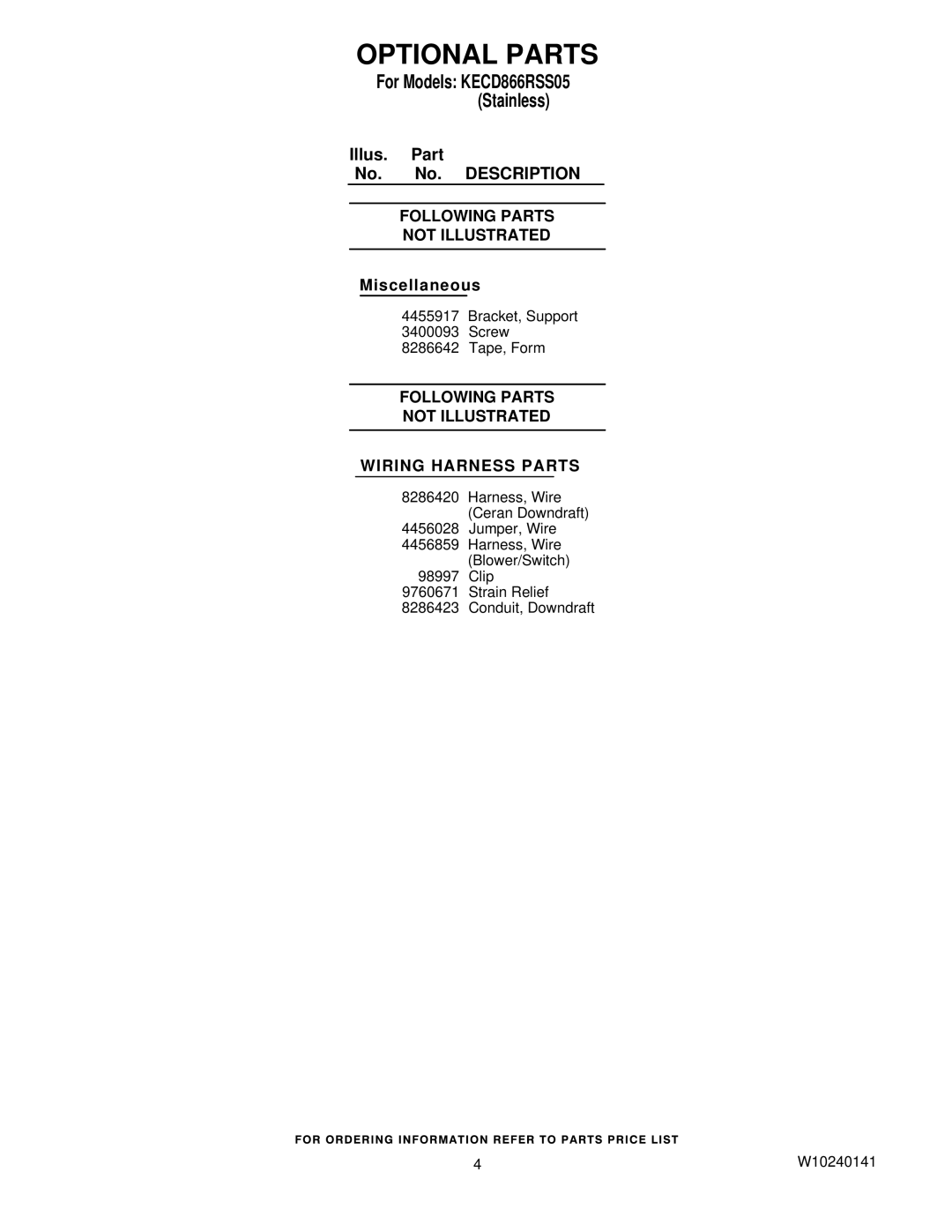 KitchenAid KECD866RSS05 manual Optional Parts, Following Parts Not Illustrated Wiring Harness Parts 