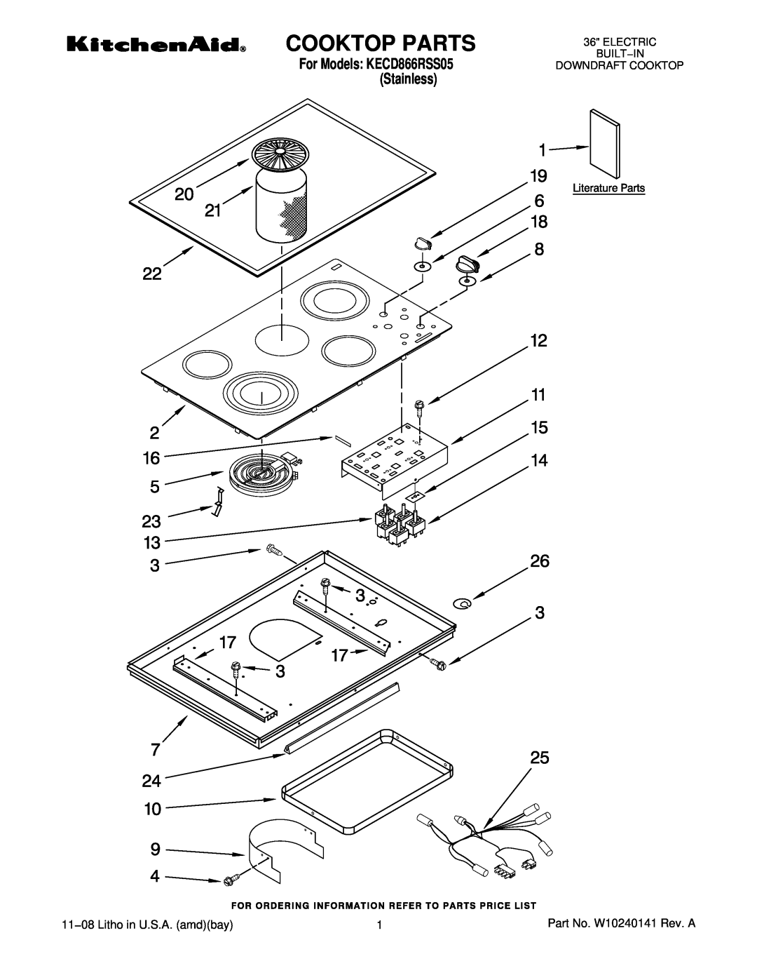 KitchenAid manual Cooktop Parts, 11−08 Litho in U.S.A. amdbay, For Models KECD866RSS05 Stainless 