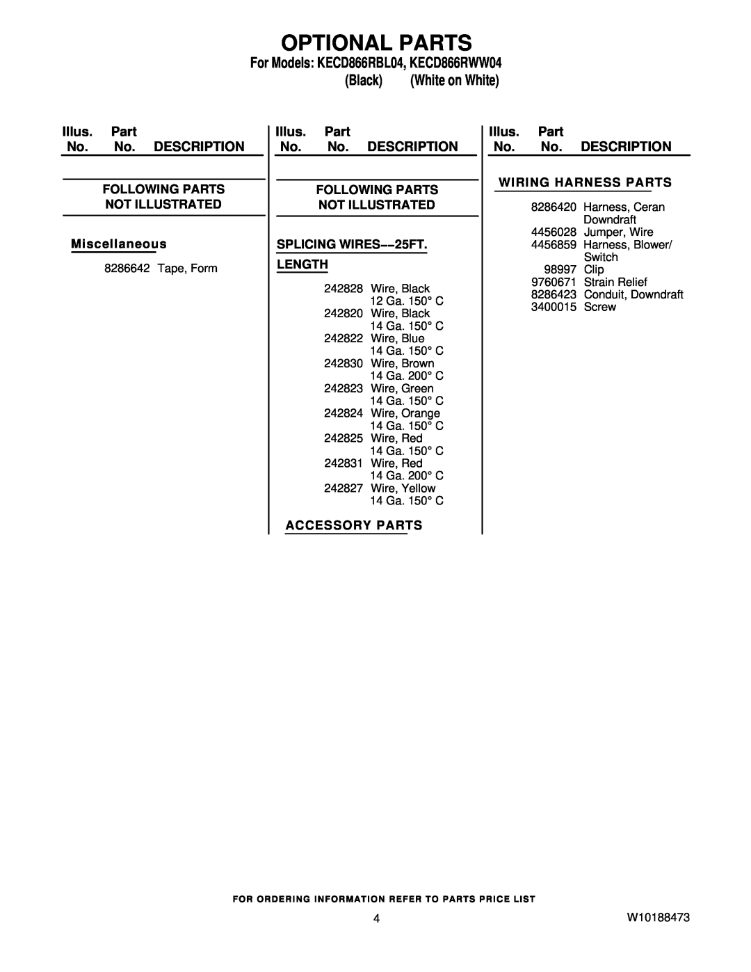 KitchenAid manual Optional Parts, For Models KECD866RBL04, KECD866RWW04, Black, Wire, Brown 