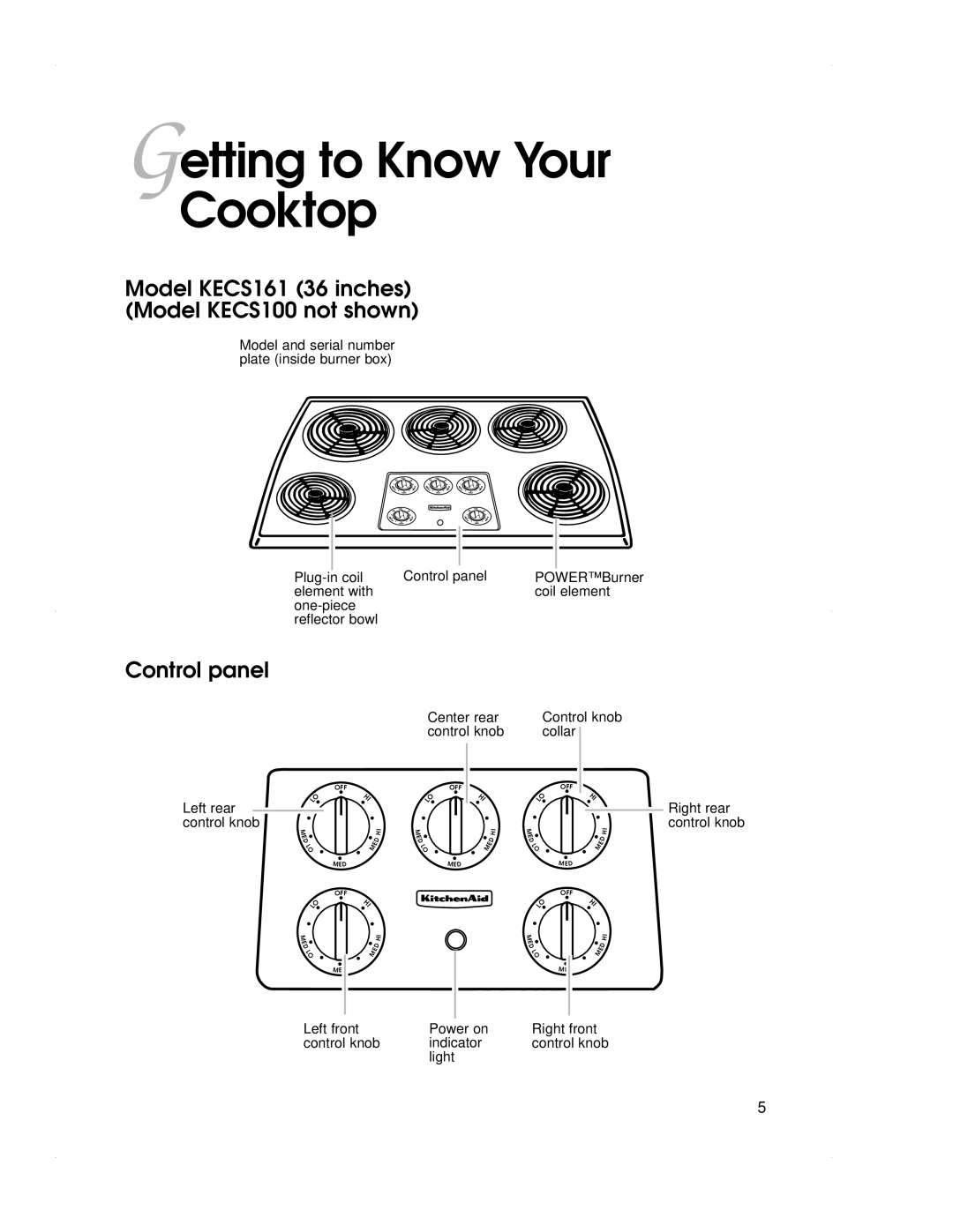 KitchenAid warranty Getting to Know Your Cooktop, Model KECS161 36 inches Model KECS100 not shown, Control panel 