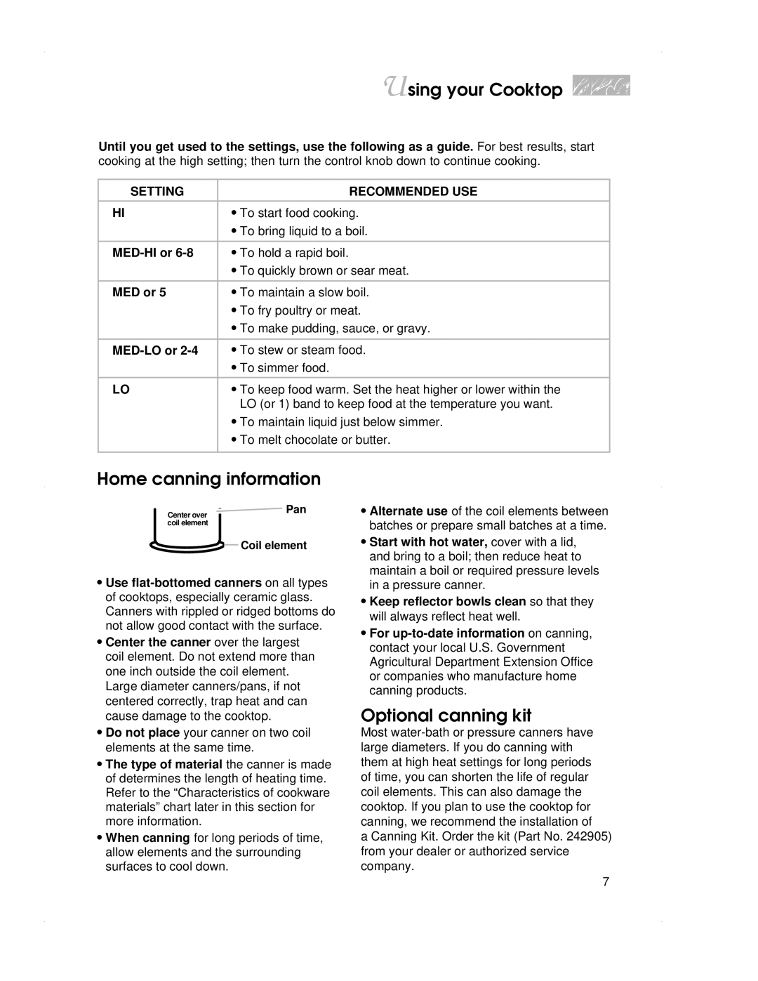 KitchenAid KECS100, KECS161 warranty Using your Cooktop, Home canning information, Optional canning kit 