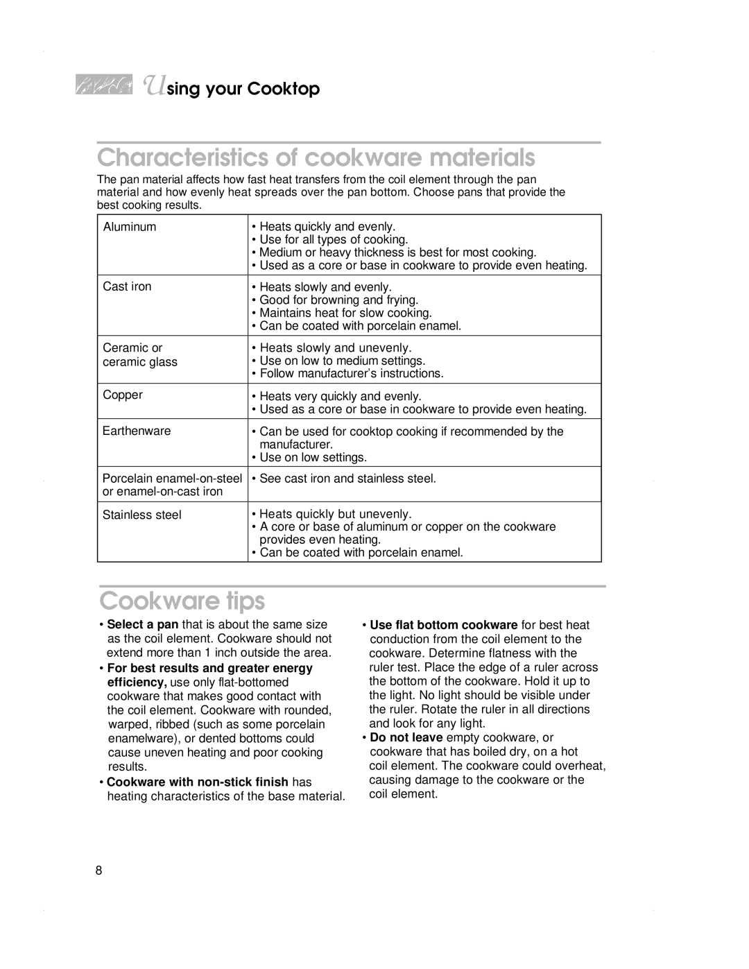 KitchenAid KECS161, KECS100 warranty Characteristics of cookware materials, Cookware tips 