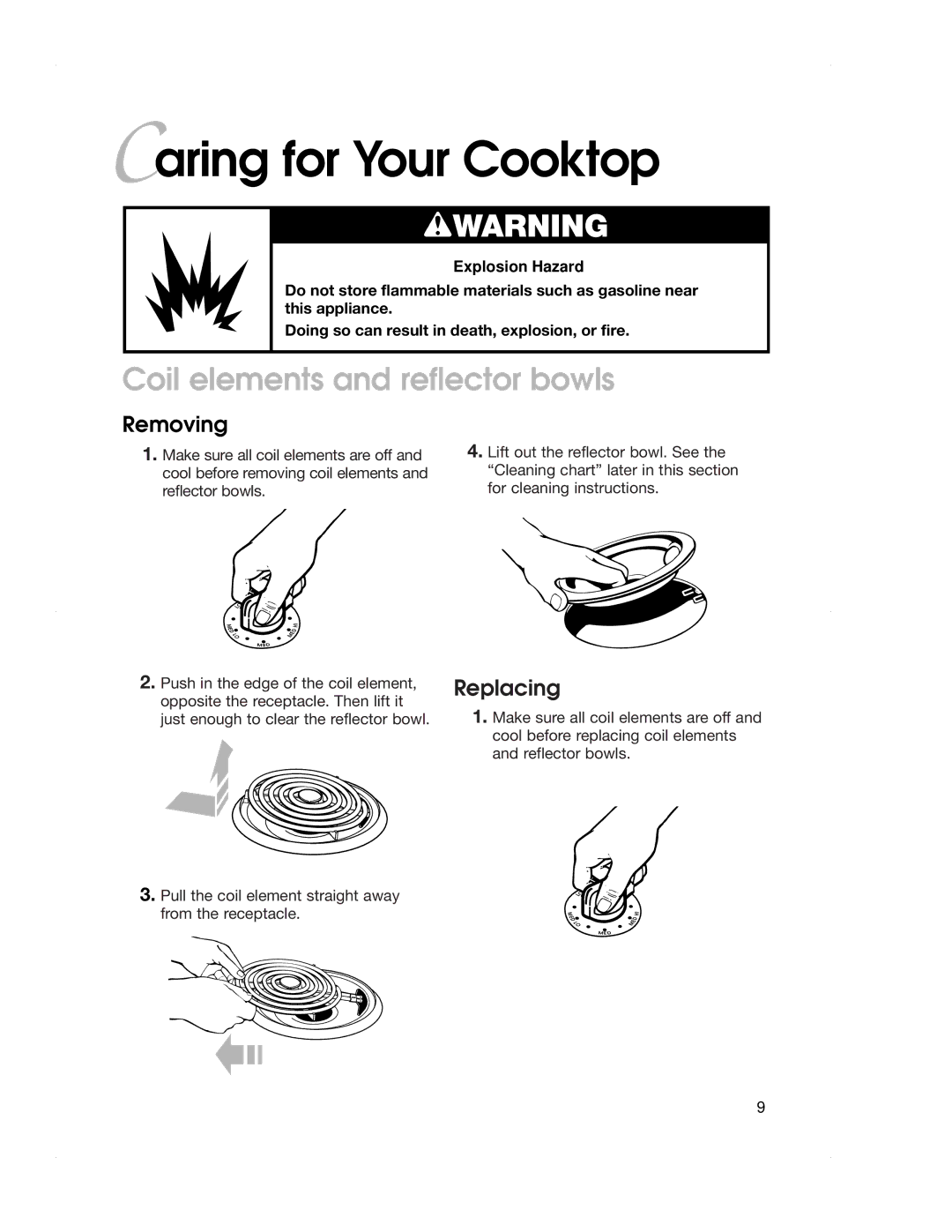 KitchenAid KECS100, KECS161 warranty Caring for Your Cooktop, Coil elements and reflector bowls, Removing, Replacing 