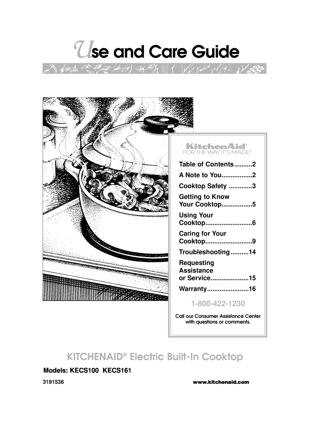 KitchenAid KECS100 warranty Use and Care Guide, KITCHENAID Electric Built-In Cooktop, Table of Contents, Getting to Know 