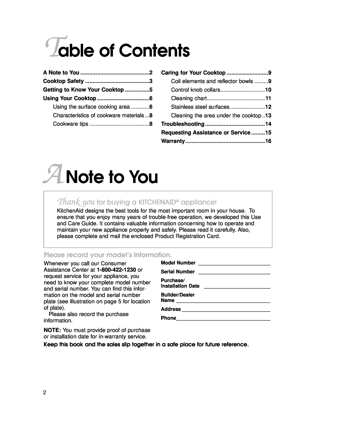 KitchenAid KECS161, KECS100 warranty Table of Contents, A Note to You, Thank you for buying a KITCHENAID appliance 