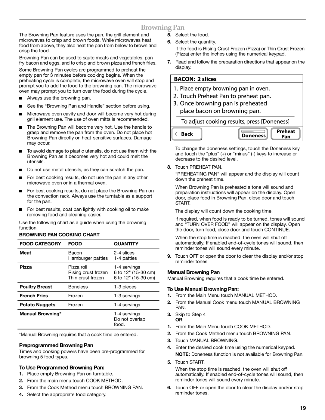 KitchenAid KEHU309 manual Preprogrammed Browning Pan, To Use Programmed Browning Pan, Manual Browning Pan 