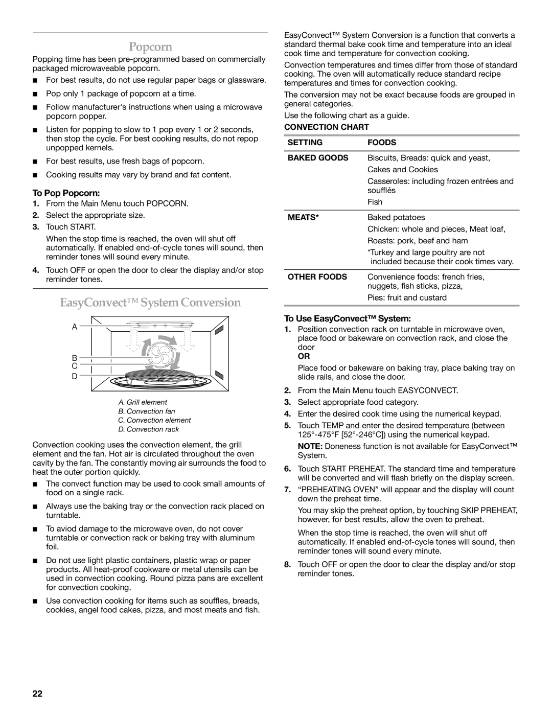 KitchenAid KEHU309 manual EasyConvect System Conversion, To Pop Popcorn, To Use EasyConvect System 