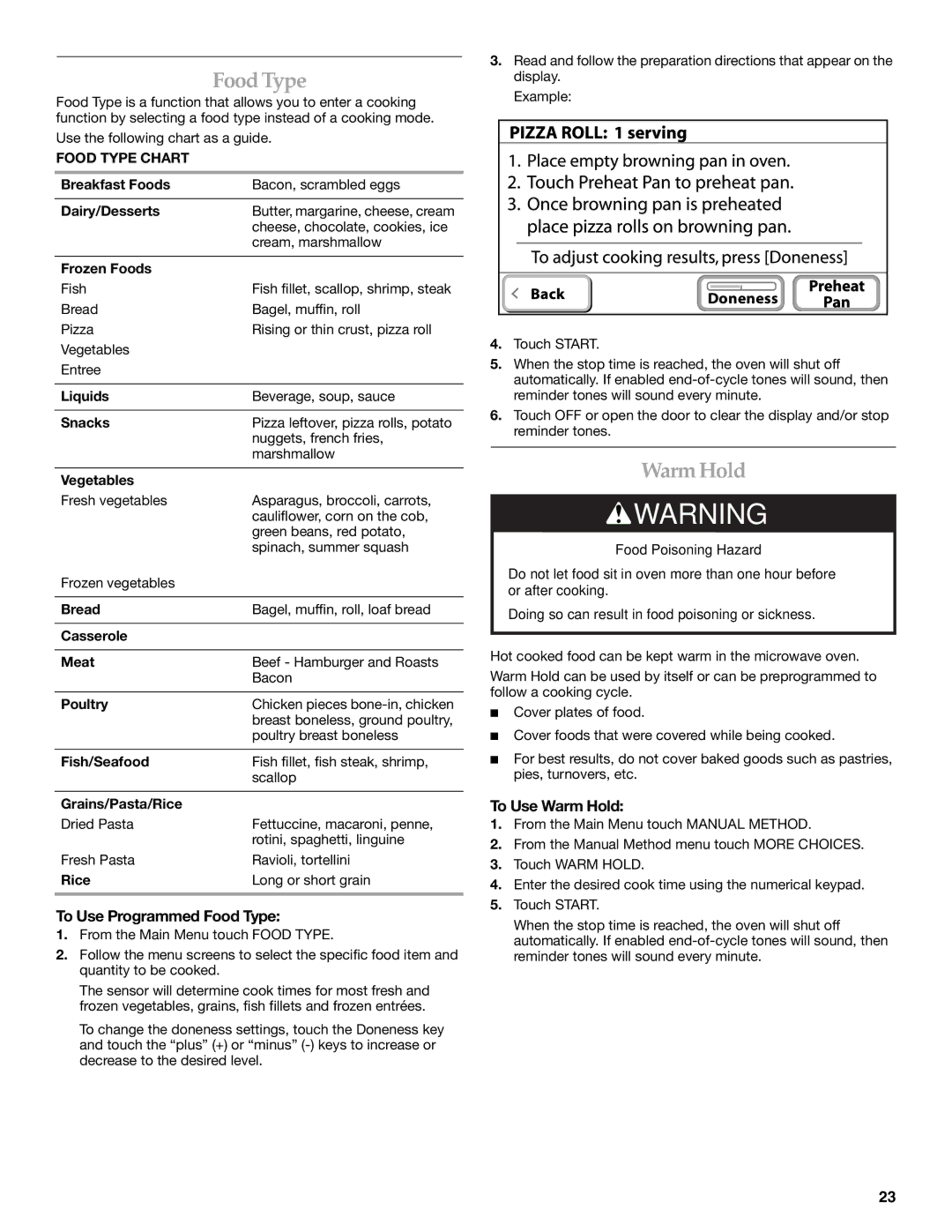 KitchenAid KEHU309 manual WarmHold, To Use Programmed Food Type, To Use Warm Hold, Food Type Chart 