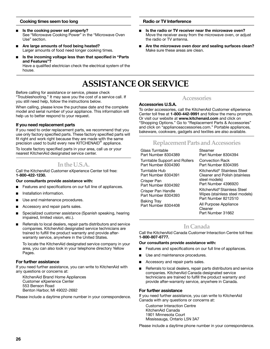 KitchenAid KEHU309 manual Assistance or Service, Replacement Partsand Accessories, TheU.S.A, Canada 