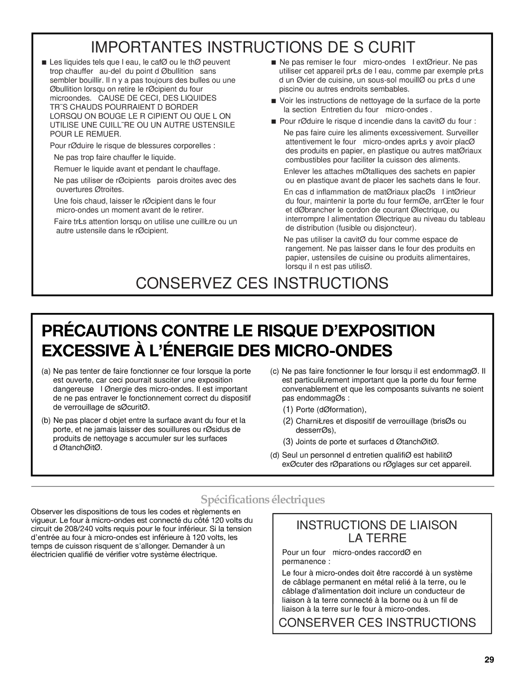 KitchenAid KEHU309 manual Spécifications électriques, Instructions DE Liaison LA Terre 