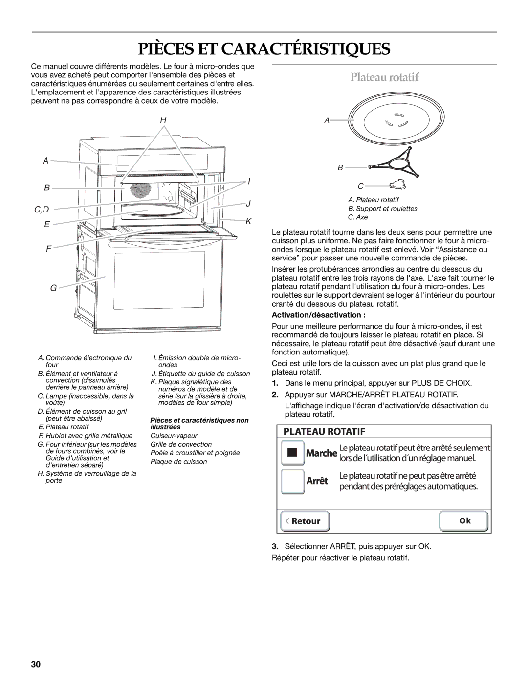 KitchenAid KEHU309 manual Pièces ET Caractéristiques, Plateau rotatif, Activation/désactivation 