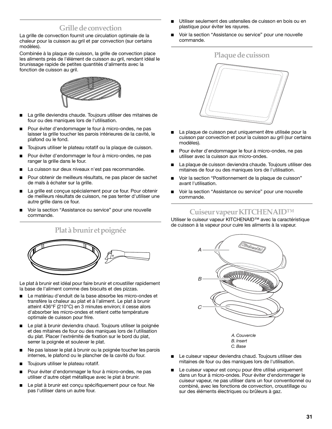 KitchenAid KEHU309 manual Grilledeconvection, Plat àbruniretpoignée, Plaquedecuisson, CuiseurvapeurKITCHENAID 