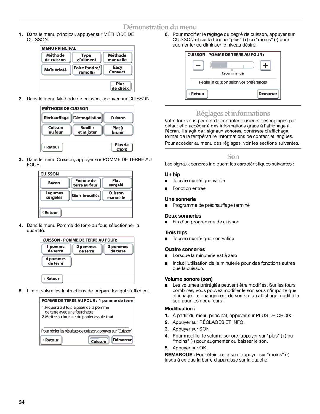 KitchenAid KEHU309 manual Démonstration du menu, Réglageset informations, Son 