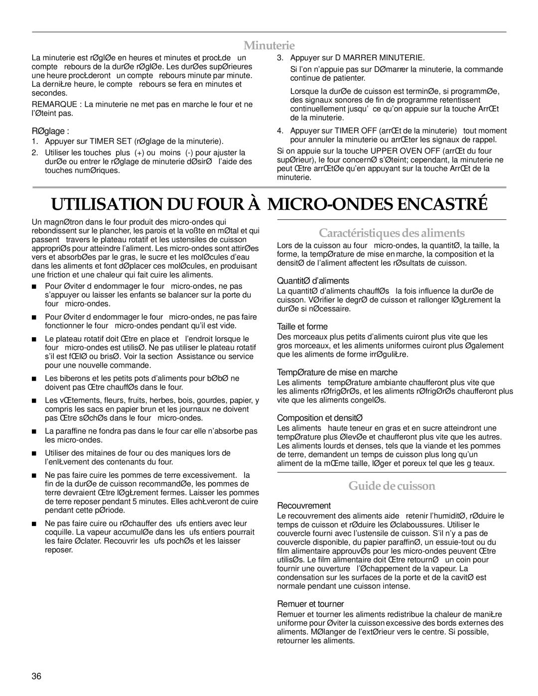 KitchenAid KEHU309 Utilisation DU Four À MICRO-ONDES Encastré, Minuterie, Caractéristiques desaliments, Guide decuisson 