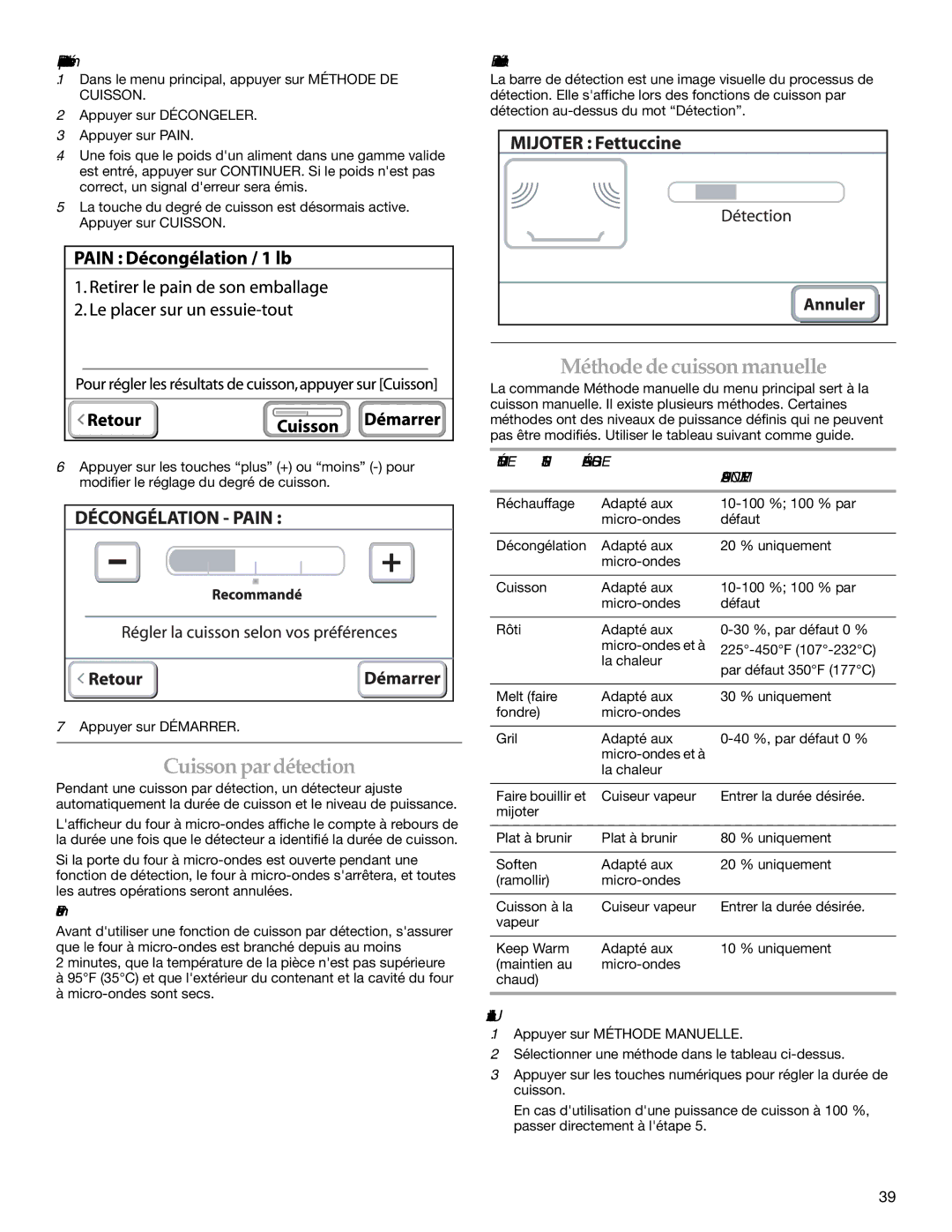 KitchenAid KEHU309 manual Cuisson pardétection, Méthode de cuisson manuelle, Démonstration dexemple, Barre de détection 