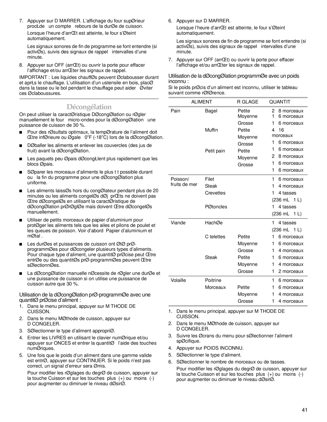 KitchenAid KEHU309 manual Décongélation, Aliment Réglage Quantité 