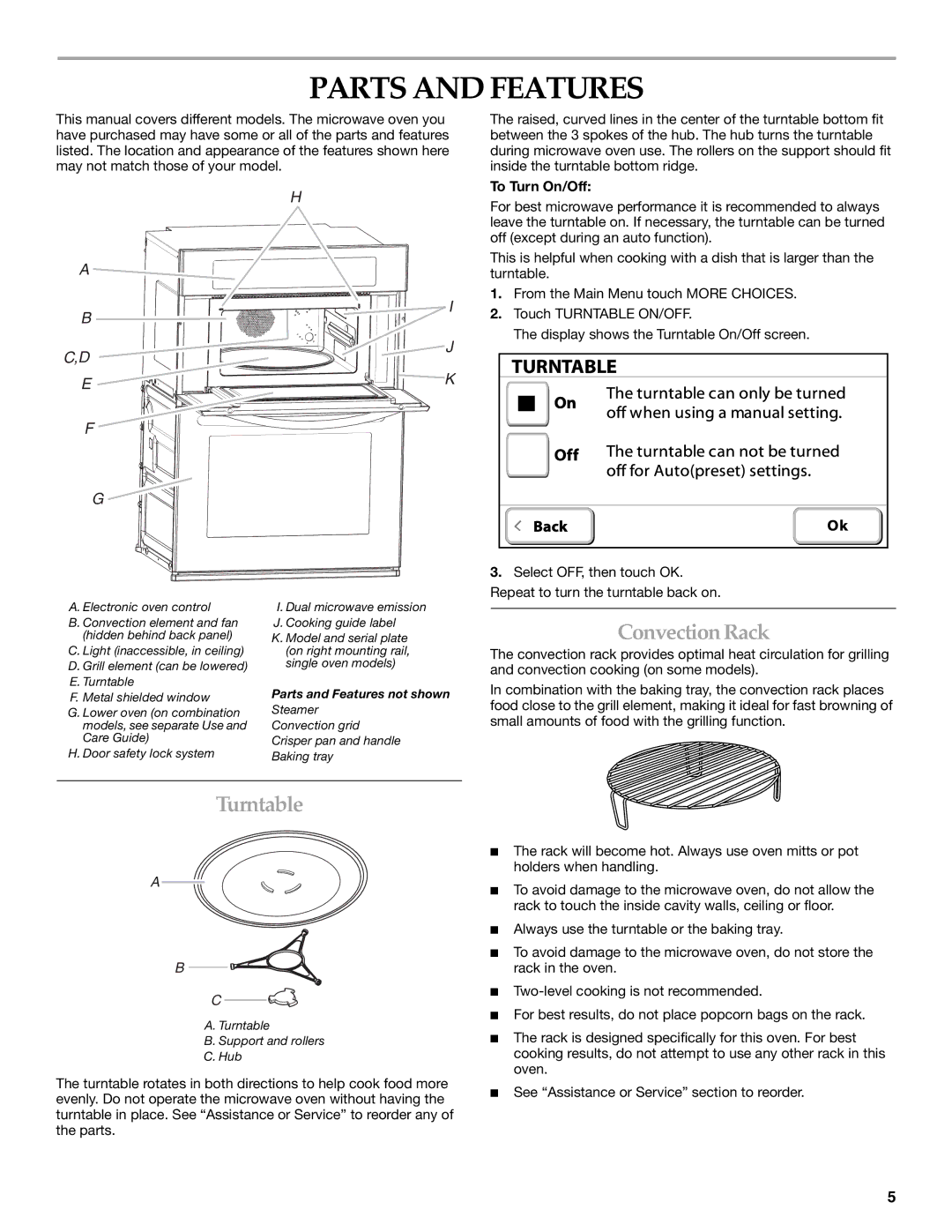 KitchenAid KEHU309 manual Parts and Features, Convection Rack, Turntable, To Turn On/Off 