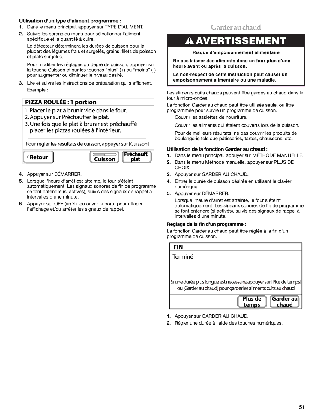 KitchenAid KEHU309 Garderauchaud, Utilisation dun type daliment programmé, Utilisation de la fonction Garder au chaud 