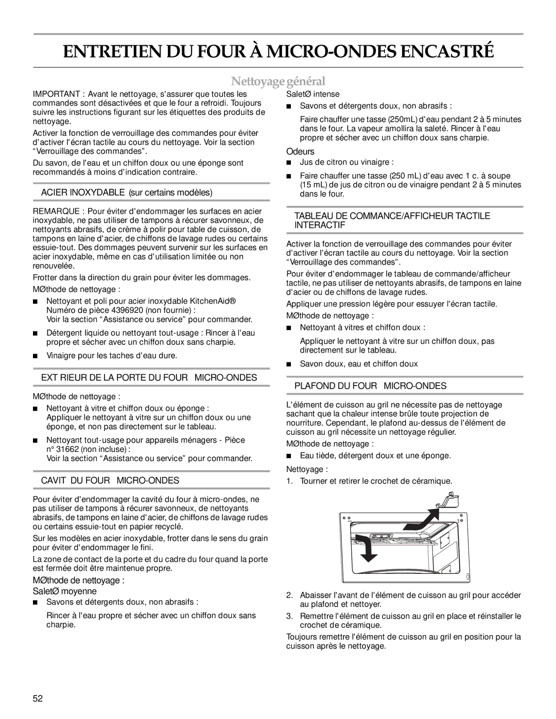 KitchenAid KEHU309 manual Entretien DU Four À MICRO-ONDES Encastré, Nettoyage général, Odeurs 