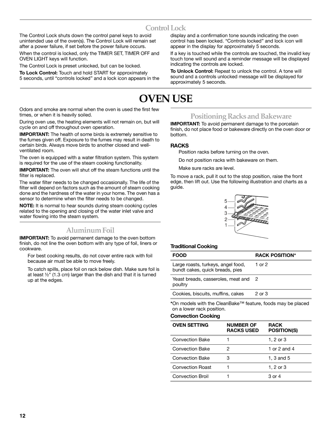 KitchenAid KEHU309 manual Oven USE, ControlLock, AluminumFoil, PositioningRacksandBakeware 