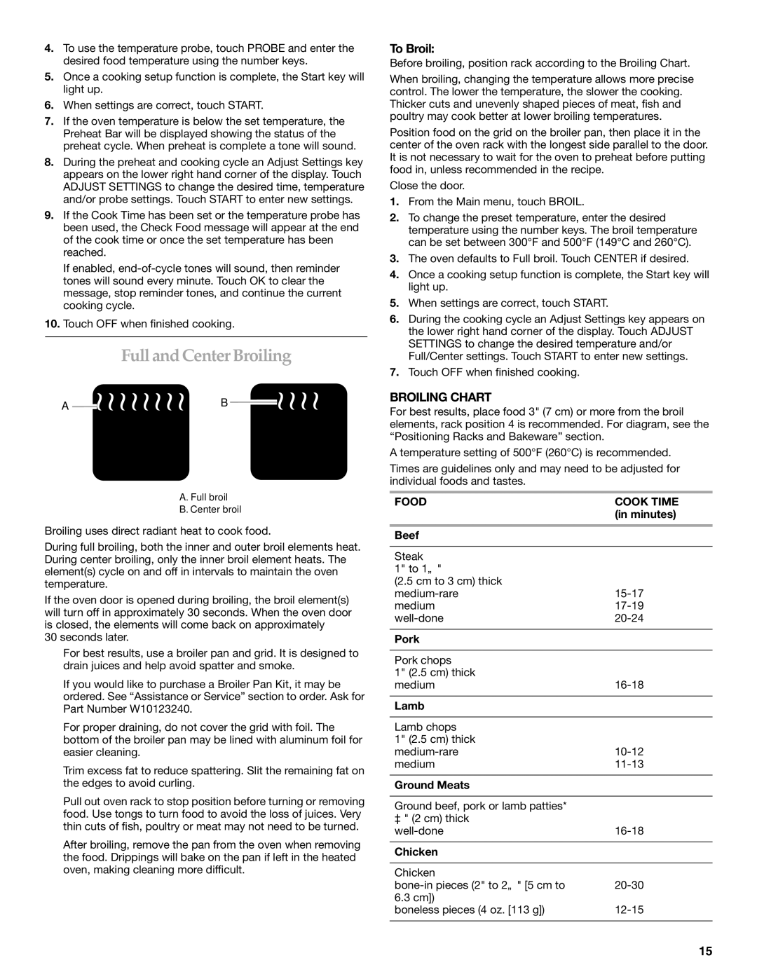 KitchenAid KEHU309 manual FullandCenterBroiling, To Broil, Broiling Chart, Food Cook Time 