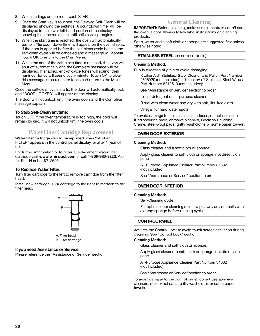 KitchenAid KEHU309 WaterFilterCartridgeReplacement, GeneralCleaning, Oven Door Exterior, Oven Door Interior, Control Panel 