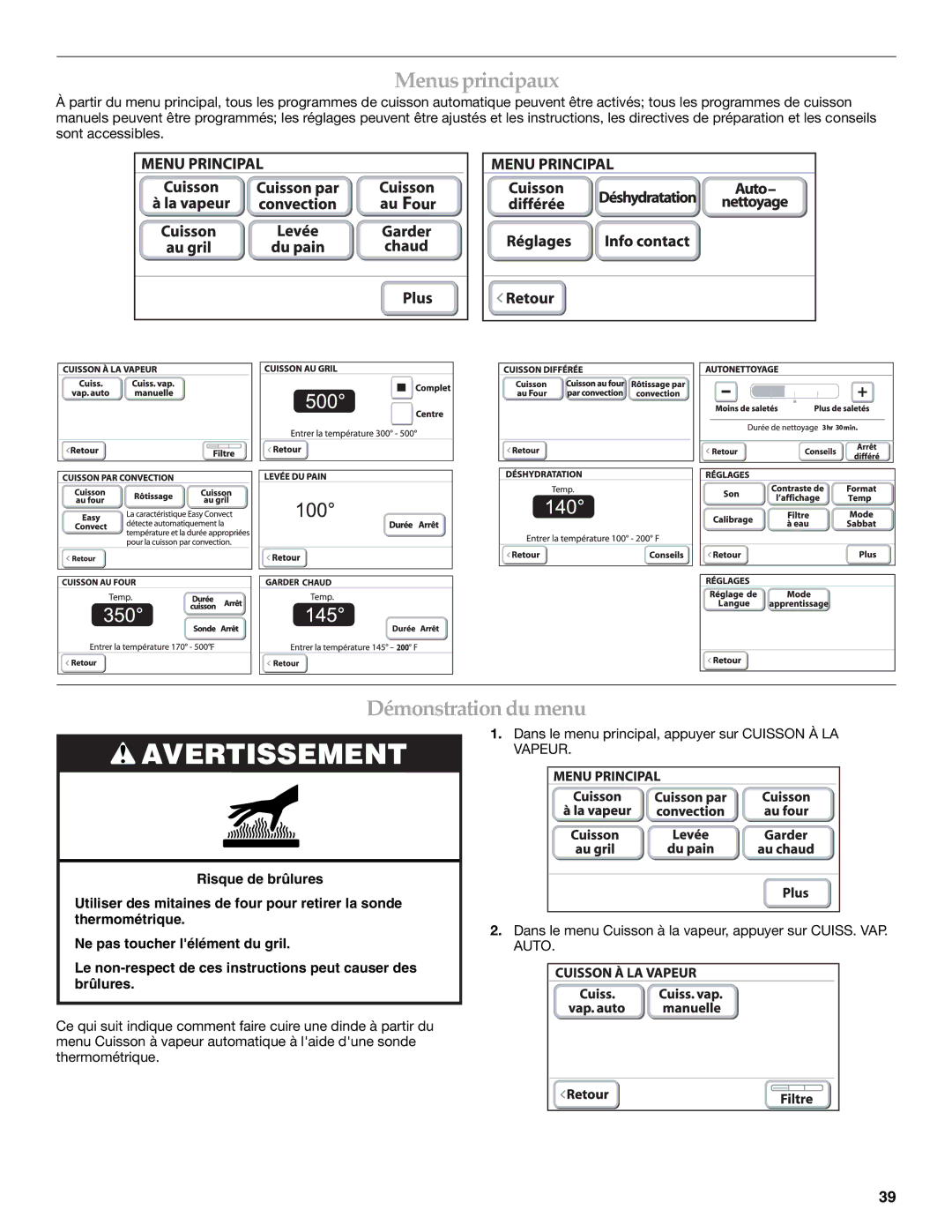 KitchenAid KEHU309 manual Menusprincipaux, Démonstration dumenu 