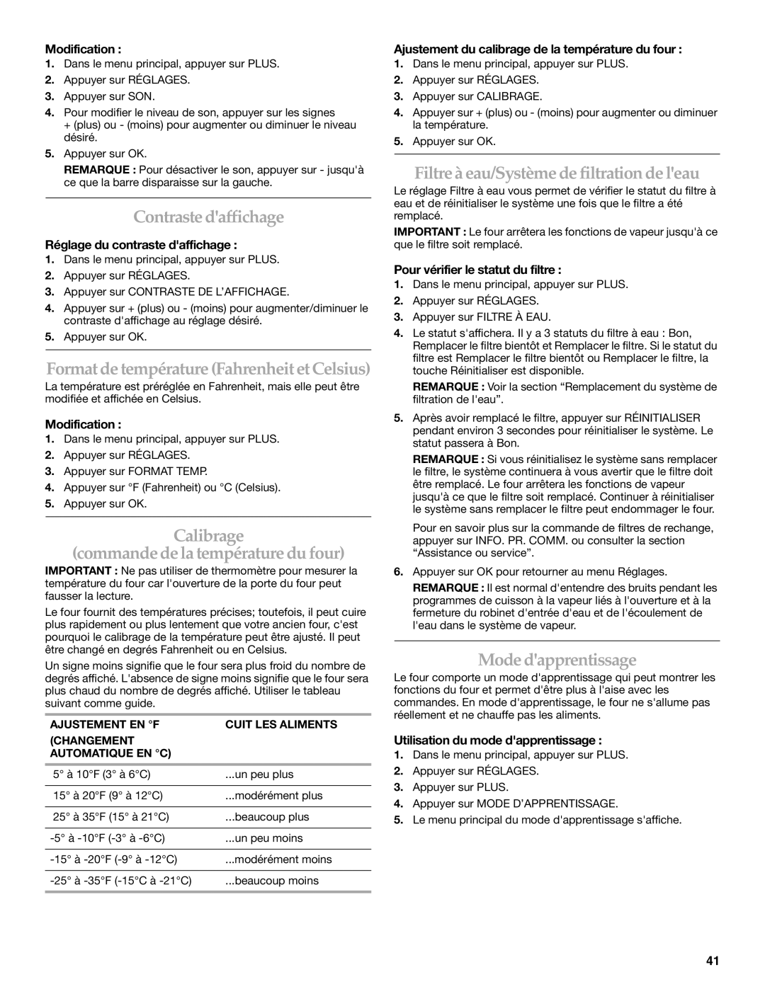 KitchenAid KEHU309 Contrastedaffichage, FormatdetempératureFahrenheitetCelsius, Calibrage Commandedela températuredufour 