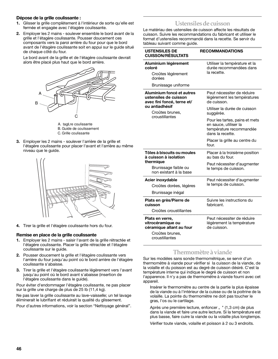 KitchenAid KEHU309 manual Ustensilesdecuisson, Thermomètreàviande, Dépose de la grille coulissante 