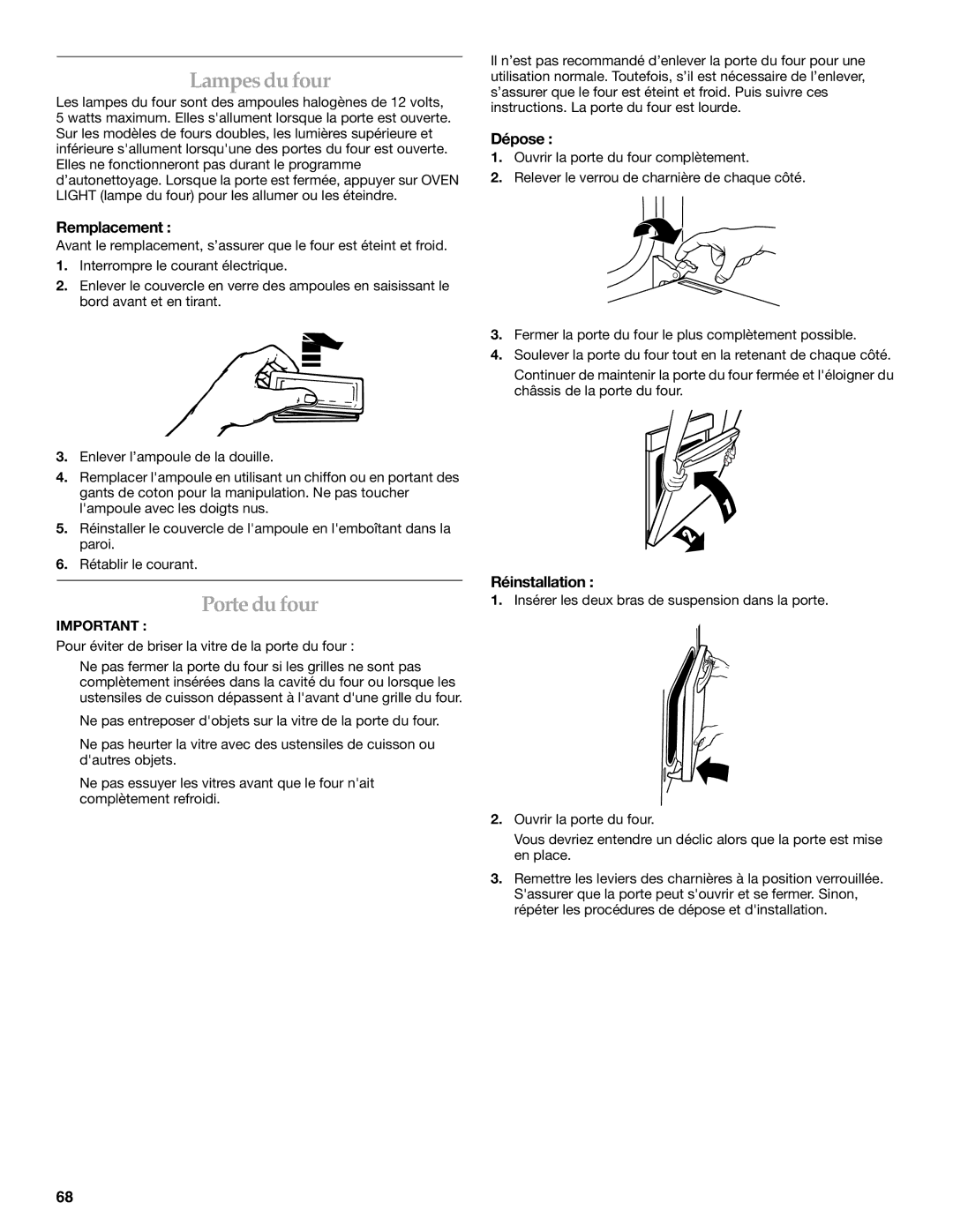 KitchenAid KEHU309 manual Lampesdufour, Portedufour, Remplacement, Dépose, Réinstallation 