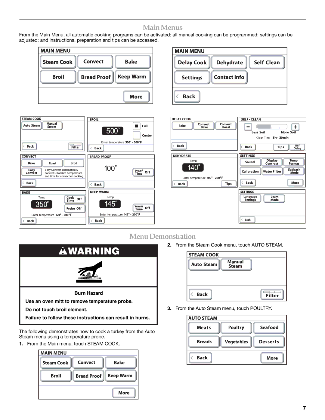 KitchenAid KEHU309 manual MainMenus, Menu Demonstration 