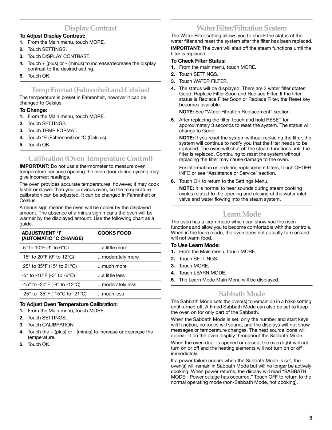 KitchenAid KEHU309 manual DisplayContrast, TempFormatFahrenheitandCelsius, CalibrationOvenTemperatureControl, Learn Mode 