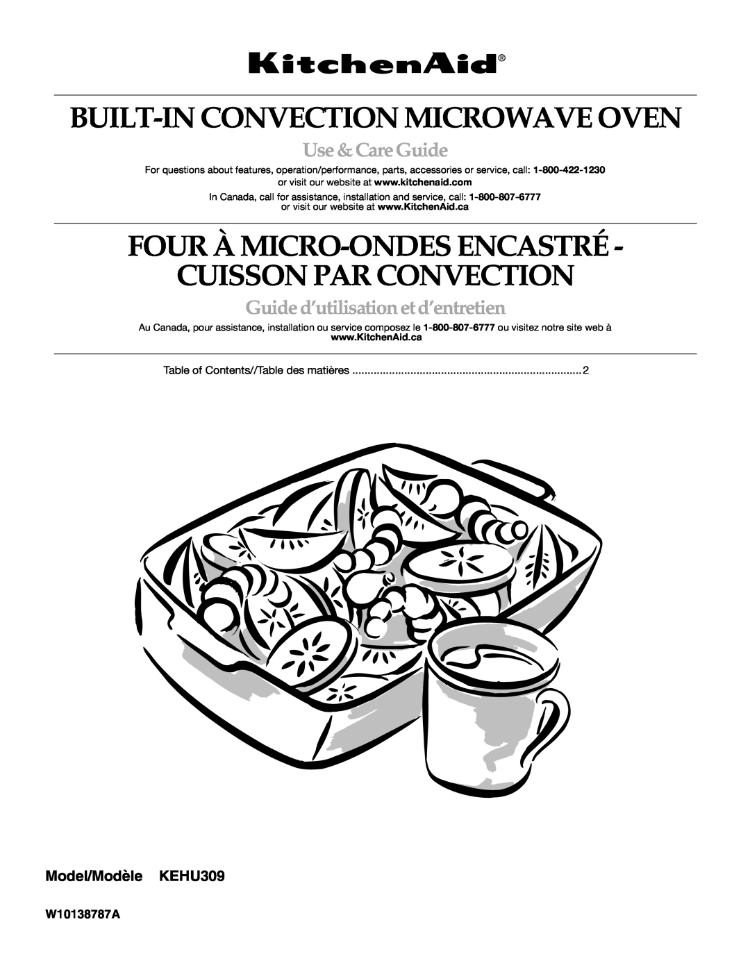 KitchenAid manual Model/Modèle KEHU309, Built-In Convection Microwave Oven, Use &CareGuide, W10138787A 