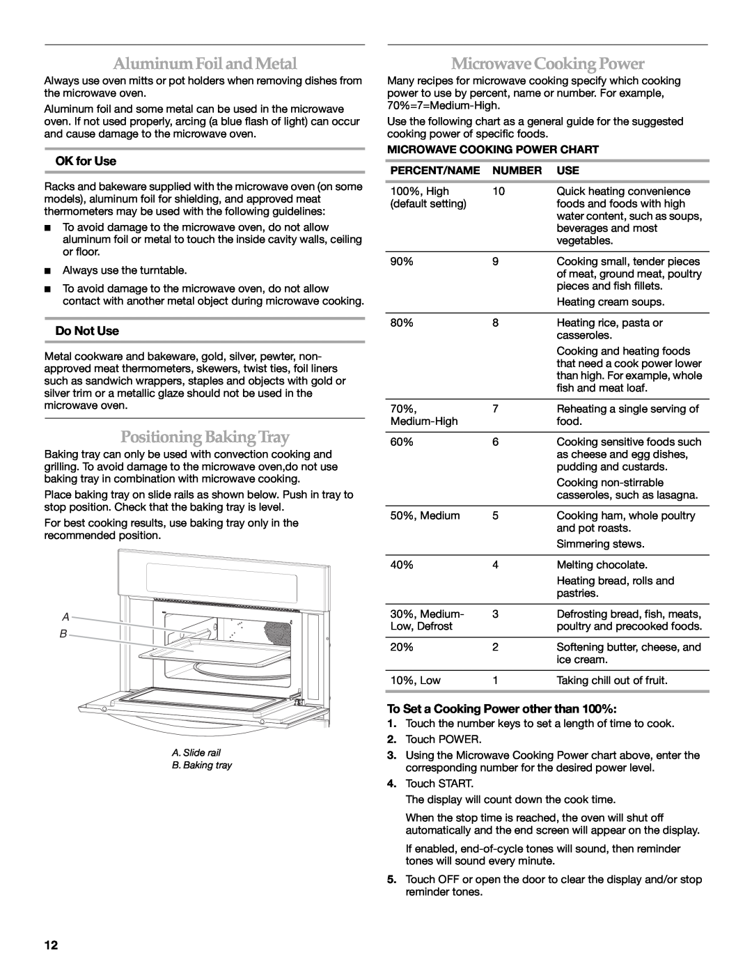 KitchenAid KEHU309 manual Aluminum Foil andMetal, PositioningBakingTray, Microwave Cooking Power, OK for Use, Do Not Use 