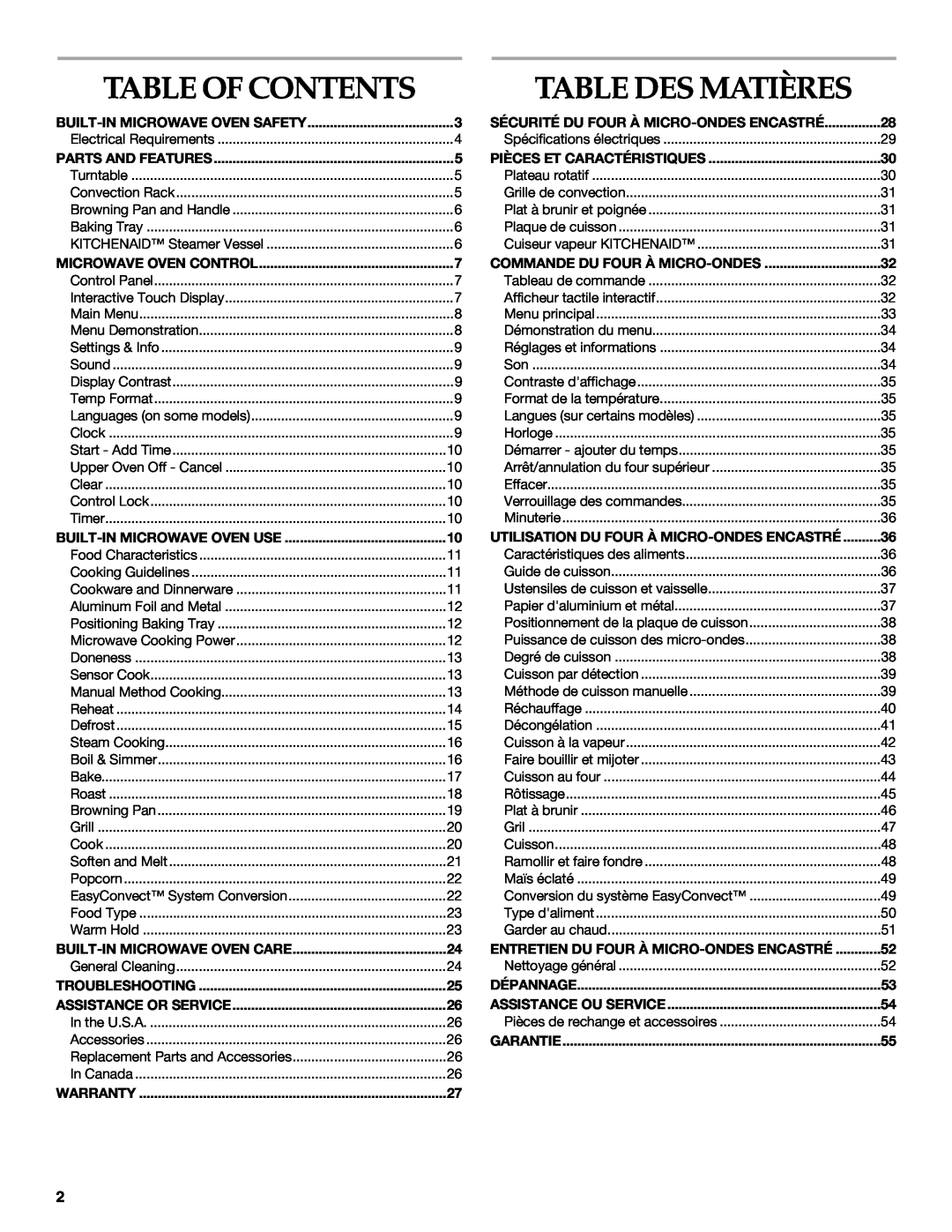 KitchenAid KEHU309 manual Table Des Matières, Table Of Contents 