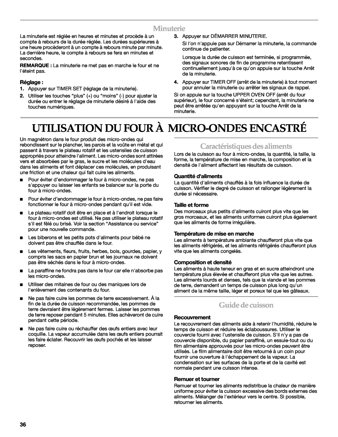 KitchenAid KEHU309 Utilisation Du Four À Micro-Ondes Encastré, Minuterie, Caractéristiques desaliments, Guide decuisson 