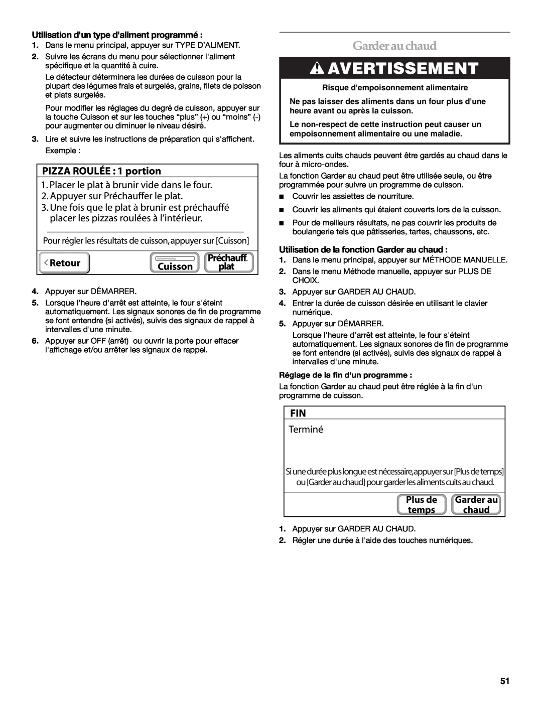 KitchenAid KEHU309 manual Avertissement, Garderauchaud, Utilisation dun type daliment programmé 