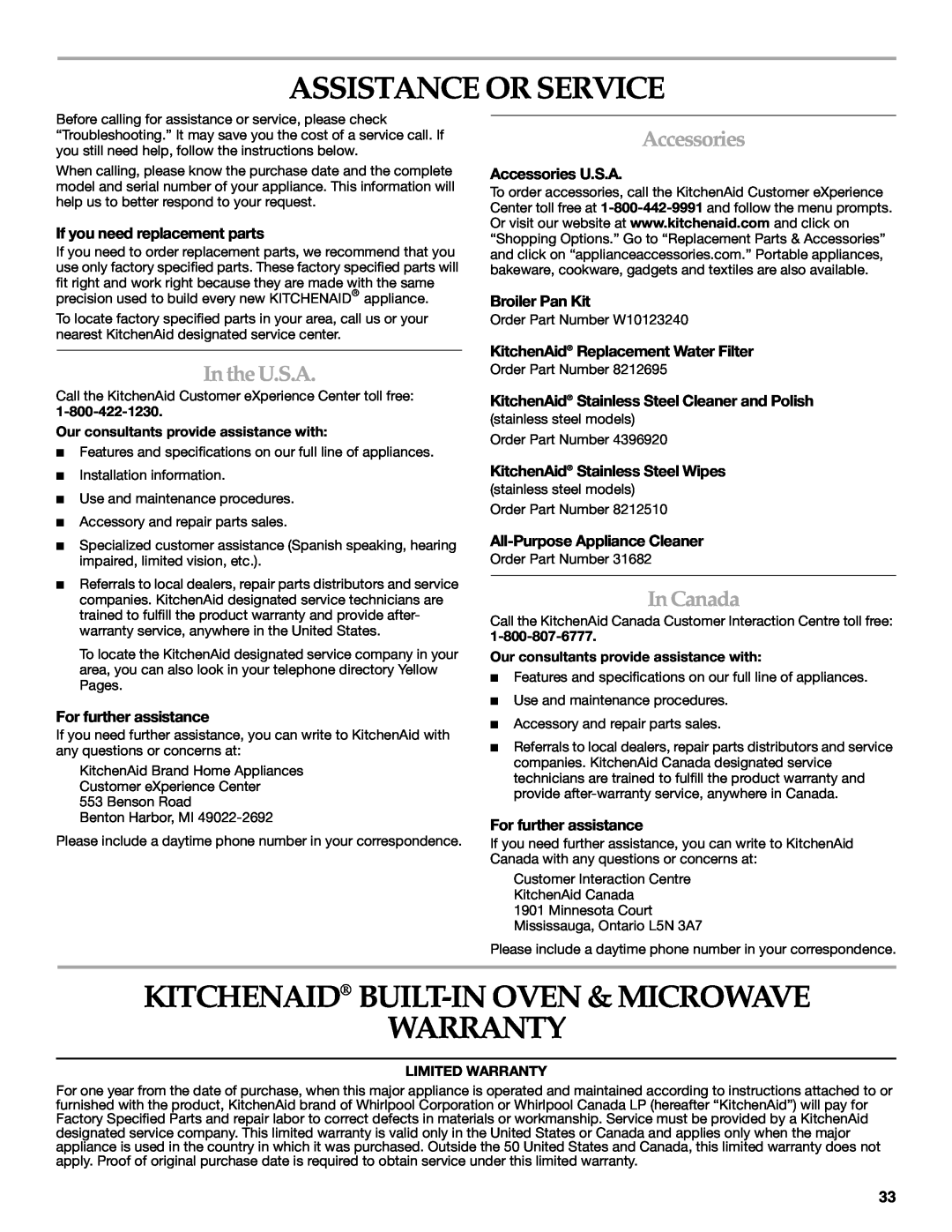 KitchenAid KEHU309 Assistance Or Service, Kitchenaid Built-In Oven & Microwave Warranty, IntheU.S.A, Accessories, InCanada 